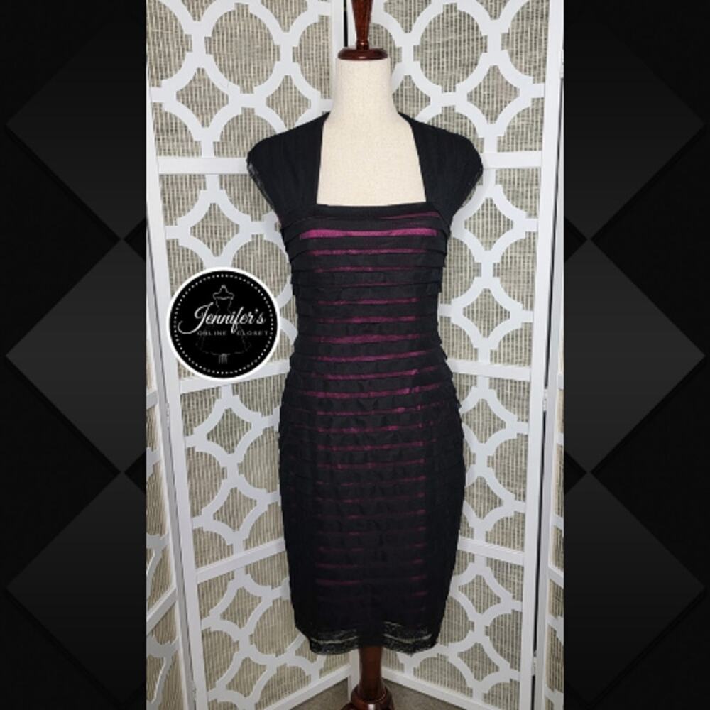 Adrianna Papell Black & Pink Sheer Illusion Body Con Bandage Dress Size 8